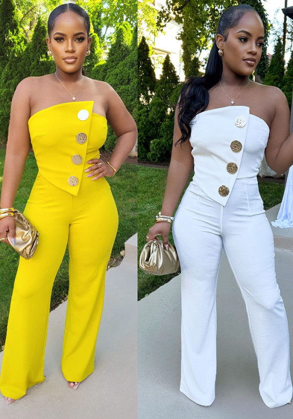 Strapless Solid Color Button Wide-Leg Jumpsuit