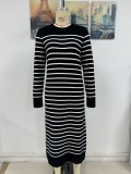 Fashion Autumn Winter Women Knitting Striped Casual Long Dress