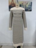 Fashion Autumn Winter Women Knitting Striped Casual Long Dress