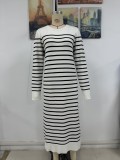 Fashion Autumn Winter Women Knitting Striped Casual Long Dress