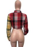 Women Plaid Button Turndown Collar Crop Coat