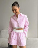 Fashion Casual Women Summer Striped Long Sleeve Shirt Elastic Waist Shorts Two-Piece Set