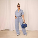 Women Solid Short Sleeve Shirt and Casual Wide Leg Pants Two-piece Set