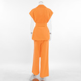 Women summer Casual Vitality Orange Sleeveless Lace Vest Wide Leg Pants Two-piece Set