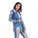 Women Ripped Denim Jacket