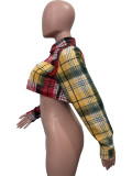 Women Plaid Button Turndown Collar Crop Coat