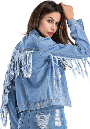 Women Sleeve Tassel Denim Jacket