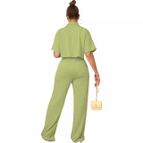 Women Solid Short Sleeve Shirt and Casual Wide Leg Pants Two-piece Set