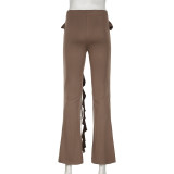 Autumn Fashion Casual Women's Solid Color Ruffled Ribbon Knitting Slim Flared Trousers