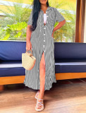 Women Summer Short Sleeve Striped Print Dress