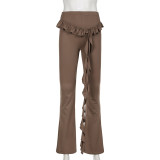 Autumn Fashion Casual Women's Solid Color Ruffled Ribbon Knitting Slim Flared Trousers