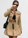 Women Fall Turndown Collar Long Sleeve Crop Top and Skirt Two-piece Set