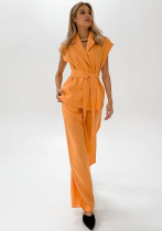 Women summer Casual Vitality Orange Sleeveless Lace Vest Wide Leg Pants Two-piece Set