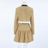 Women Fall Turndown Collar Long Sleeve Crop Top and Skirt Two-piece Set