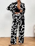 Fashion Print Casual Shirt Wide-Leg Pants Two-Piece Set