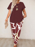 Summer Plus Size Women's Round Neck Short Sleeve Printed Two-Piece Pants Set