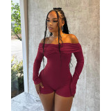 Women Sexy Off Shoulder Pleated Off-shoulder Long Sleeve Jumpsuit