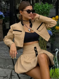 Women Fall Turndown Collar Long Sleeve Crop Top and Skirt Two-piece Set