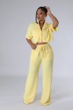 Women Solid Short Sleeve Shirt and Casual Wide Leg Pants Two-piece Set