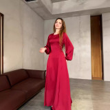 Women Spring Lace-up Puff Sleeve Dress