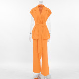 Women summer Casual Vitality Orange Sleeveless Lace Vest Wide Leg Pants Two-piece Set