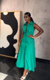 Women Summer Turndown Collar Sleeveless Patch Pocket Dress