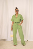 Women Solid Short Sleeve Shirt and Casual Wide Leg Pants Two-piece Set