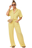 Women Solid Short Sleeve Shirt and Casual Wide Leg Pants Two-piece Set