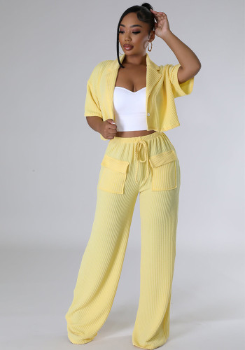 Women Solid Short Sleeve Shirt and Casual Wide Leg Pants Two-piece Set