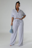 Women Solid Short Sleeve Shirt and Casual Wide Leg Pants Two-piece Set