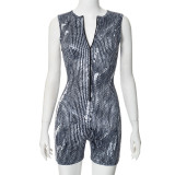 Women Summer Print Sleeveless Zipper Romper