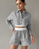 Fashion Casual Women Summer Striped Long Sleeve Shirt Elastic Waist Shorts Two-Piece Set