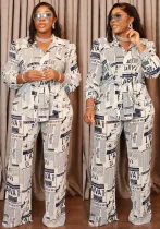 Women Newspaper Print Lace-Up Long Sleeve Top and Pant Two-piece Set