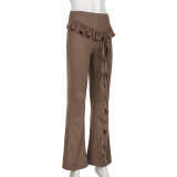 Autumn Fashion Casual Women's Solid Color Ruffled Ribbon Knitting Slim Flared Trousers