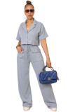 Women Solid Short Sleeve Shirt and Casual Wide Leg Pants Two-piece Set