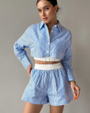 Fashion Casual Women Summer Striped Long Sleeve Shirt Elastic Waist Shorts Two-Piece Set