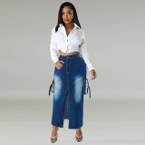 Plus Size Women's Denim Fashion Pocket Slit Long Skirt