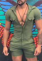 Summer Men's Casual Sports Slim Fit Zipper Short Sleeve Shorts Jumpsuit