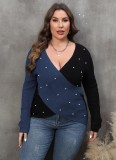 Women's Pearl Plus Size Contrast Color Cross Deep V Neck Sexy Sweater