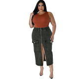 Plus Size Women's Denim Slim Fit Zipper Pocket Long Skirt