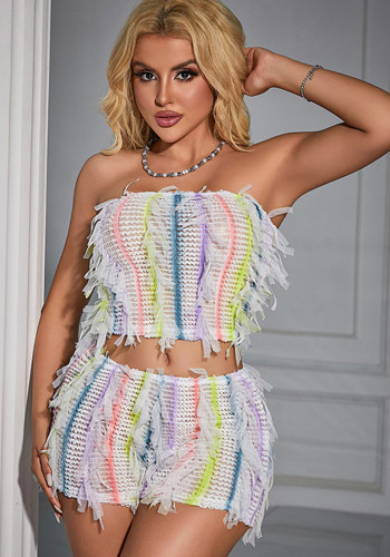 Women Summer Fashion Trend Striped Tassel Strapless Crop Top Shorts Set