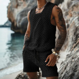 Summer Casual Sleeveless Men's Crochet Tank Top Shorts Two Piece Set