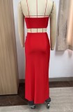 Women's Summer Solid Color Strapless Ruffled Slit Long Skirt Set