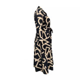 Women's Spring Summer Fashion Chic Plus Size Printed Turndown Collar Long Sleeve Dress