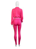 Casual Women's Zipper Elastic Buckle Slim Waist Long Sleeve Sport Two-Piece Pants Set