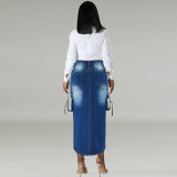 Plus Size Women's Denim Fashion Pocket Slit Long Skirt