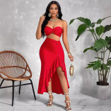 Women's Summer Solid Color Strapless Ruffled Slit Long Skirt Set