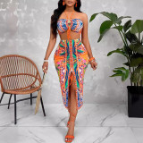 Women's Summer Print Strapless Sexy Two Piece Skirt Set