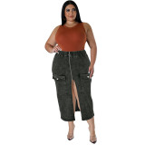 Plus Size Women's Denim Slim Fit Zipper Pocket Long Skirt