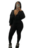 Casual Women's Zipper Elastic Buckle Slim Waist Long Sleeve Sport Two-Piece Pants Set